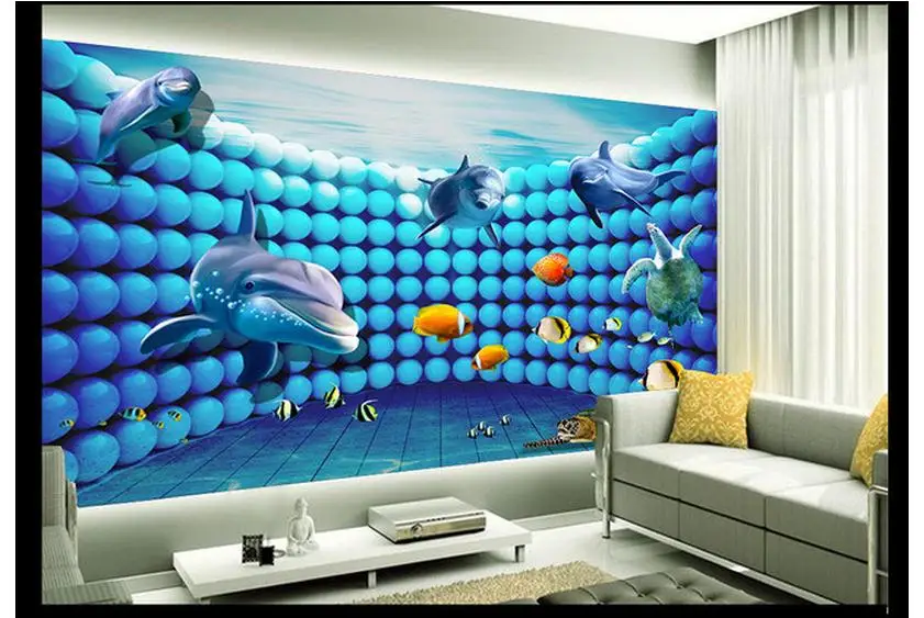 Customzed 3d wallpaper kids Underwater dolphin cartoon 3 d TV setting wall room | Обустройство дома