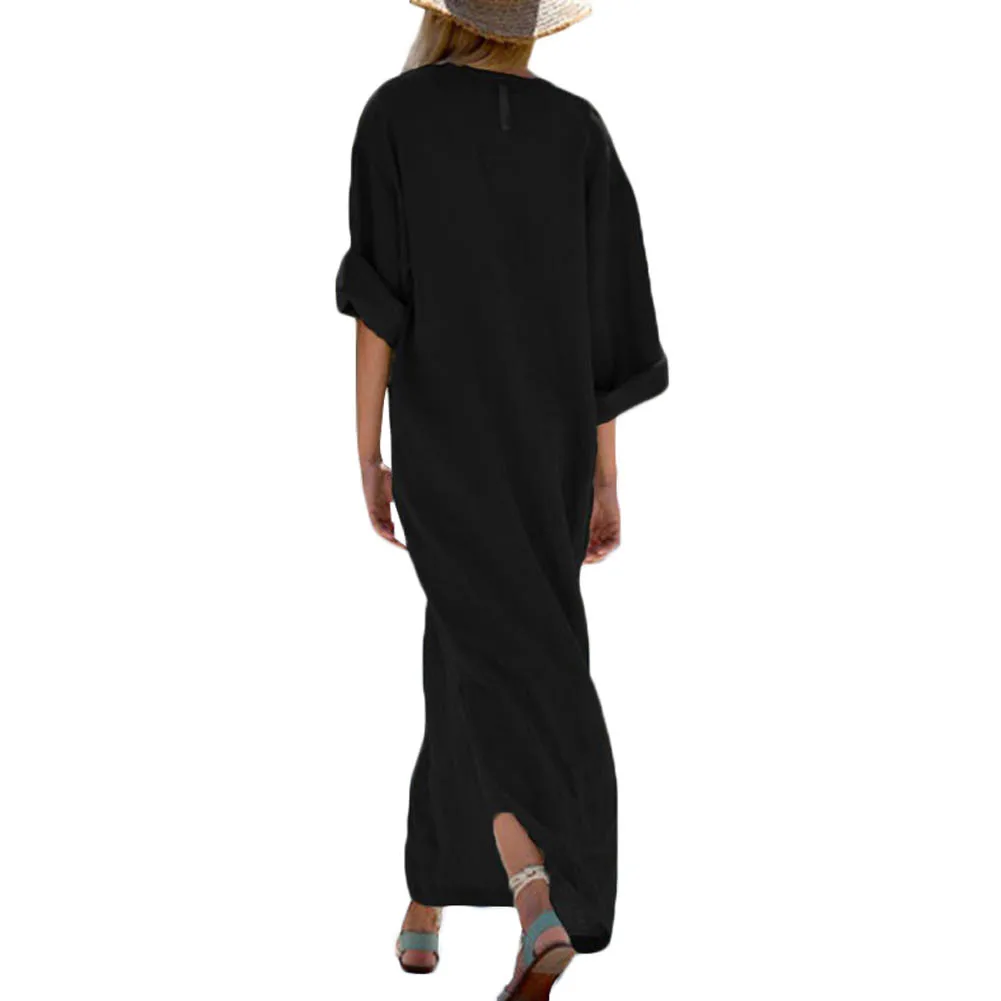 Женское длинное летнее платье с v образным вырезом однотонное свободное макси Robe