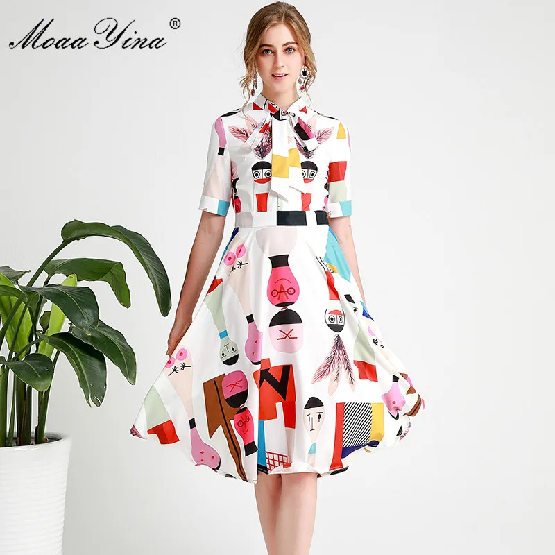 MoaaYina модное дизайнерское подиумное платье Весна Осень женское платье с коротким рукавом с мультяшным принтом элегантные платья