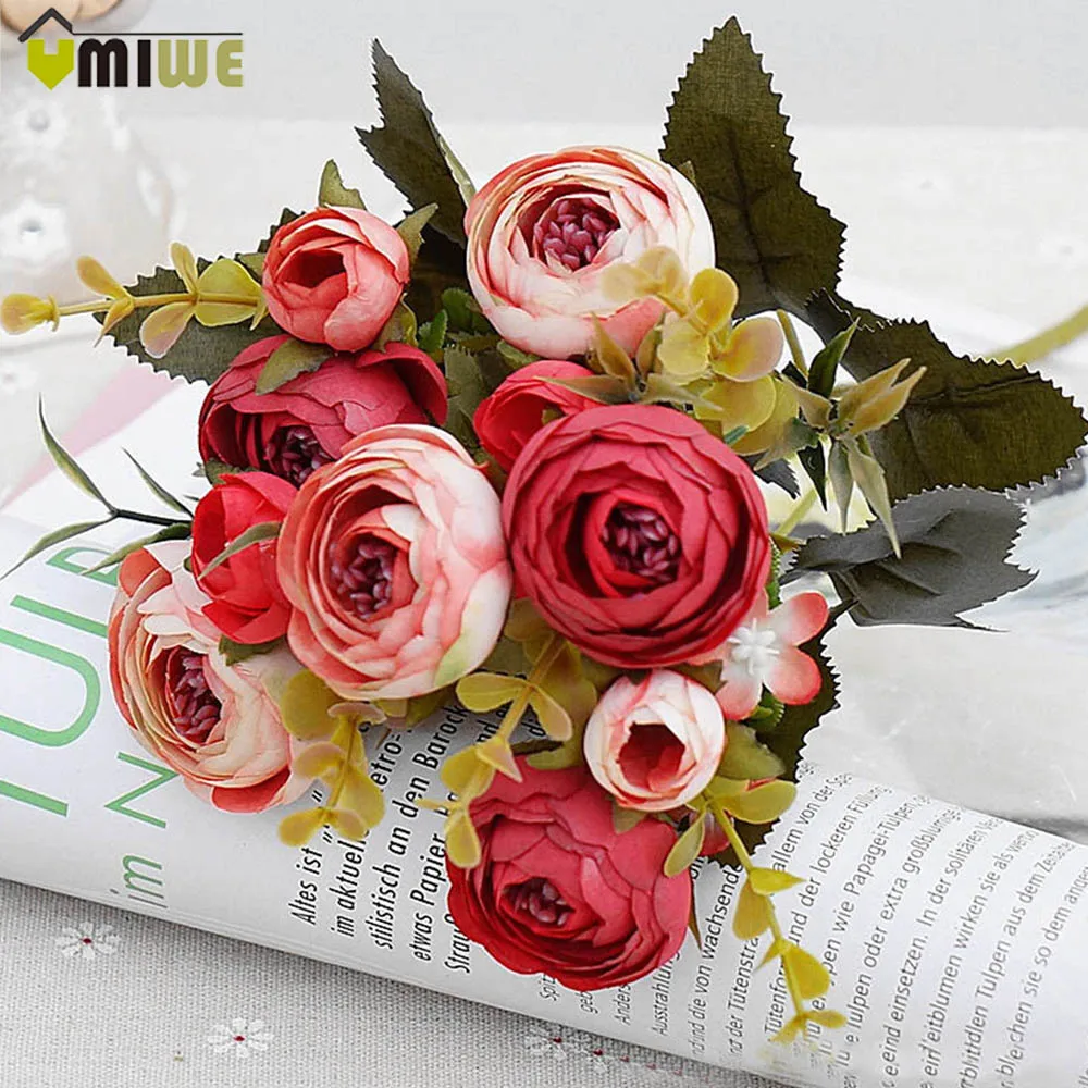 Festive Party Supplies Decorative Flowers Fake Fall Vivid Real Touch Tea Rose Bouquet Flower Leaf Wedding Home Party Decoration