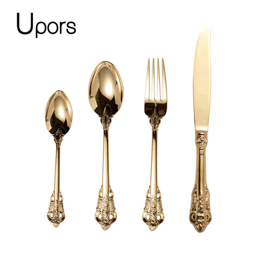 

Upors 4Pcs High Quality Cutlery set Luxury Travel Golden Stainless Steel Cutlery Knife Fork Dinner Servies Dinnerware Sets