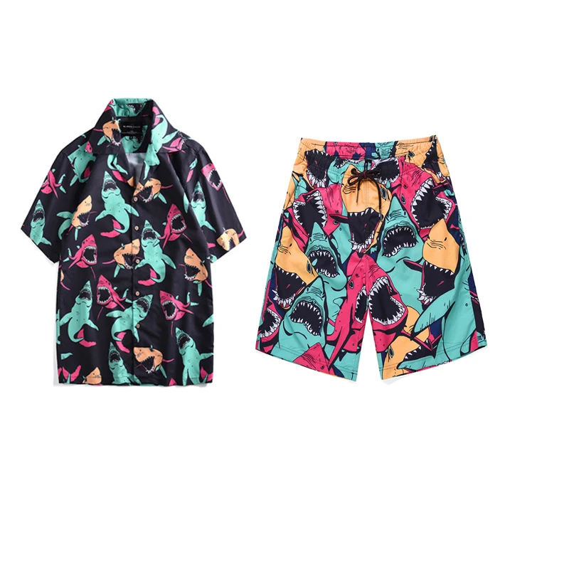 

Mr.1991IN Summer Vacation Sets Men's Shark Printed Tropical style Beach Hawaiian suit Short Shirts Shorts Two Piece Suit