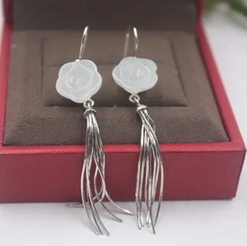 

Real Sterling S925 Silver Dangle Earrings Cat's Hetian Jade Flower Tassel For Women Ladies Girl 62*13mm Earrings Drop