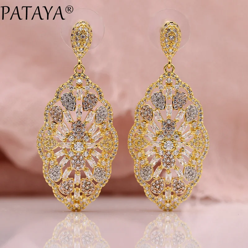 

PATAYA New Luxury Long Hollow Stud Earrings For Women Wedding Yellow 585 Rose Gold Fashion Jewelry White Natural Zircon Earring