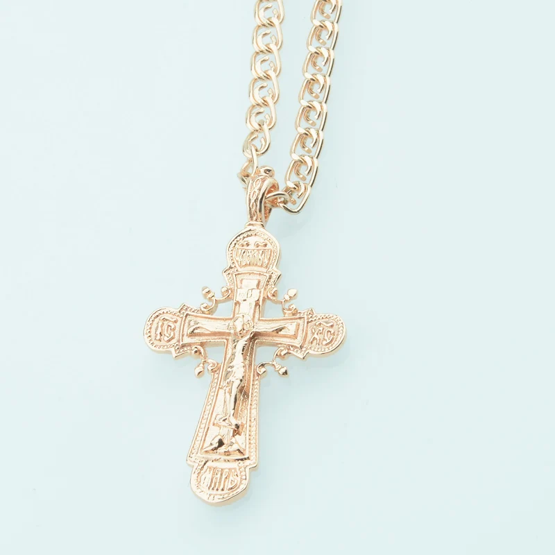 

FJ Trendy Women Mens 585 Rose Gold Color Cross Pendant Christian Jewelry +Optional Necklace Chains