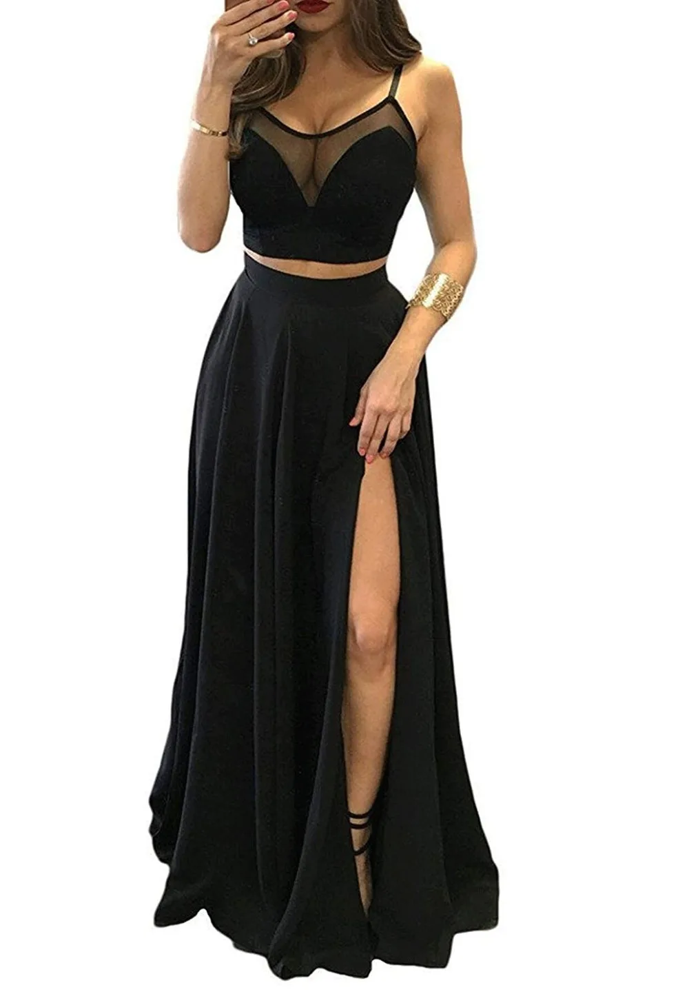 

Modest Two Piece Black Bridesmaid Dresses Spaghetti A Line Floor Length Maid of Honor Prom Party Gowns Vestidos de Fiesta Cheap