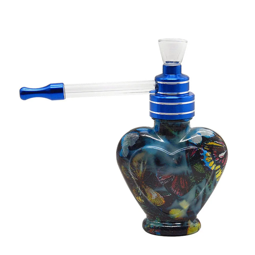 Радужный кальян Кальян курительная трубка сердце стеклянная водяная труба 120 мм Металлические табачные трубы с длинным силиконовым фильтром рта - Цвет: Flower-Blue