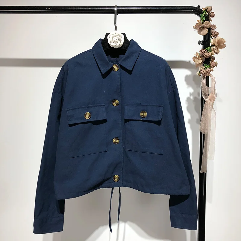 

Daily Apparel Female 2019 Fashion Autumn Overcoat Casual Outerwear Vintage Double Pockets Blue Cargo Blue Jacket Coat for Women