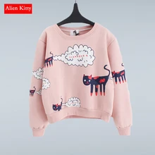 Alien Kitty, новинка, Толстовка для женщин, топы размера плюс, свободные, на каждый день, плюс, толстый бархат, с рисунком кота, толстовки, пуловеры