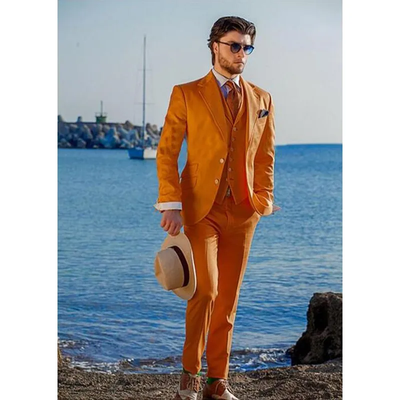 Индивидуальный заказ Новый Дизайн хлопок пике оранжевый Slim Fit смокинги с соответствием жилет Нарядные Костюмы для свадьбы для мужской