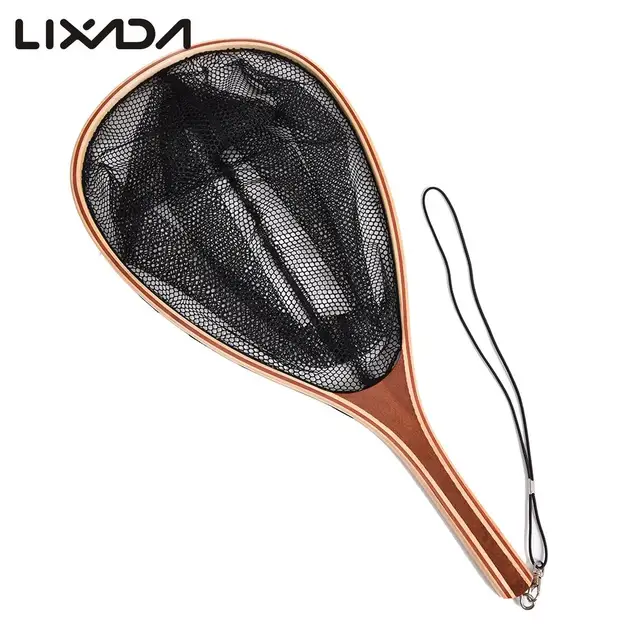 Fly Fishing Landing Net Bamboo And Wooden Frame With Rubber Net Fishing