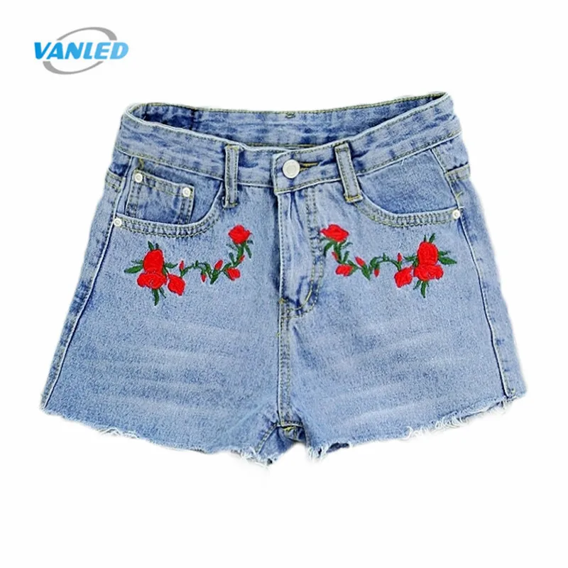 VANLED Women's Rose Flowers Embroidered Denim Shorts Summer High Waist Wide Leg Students Jeans