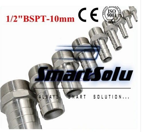 

Free shipping 1/2"BSPT Male Thread Pipe Fittings x 10 MM Barb Hose Tail Connector Stainless Steel SS304 Pneumatic Parts