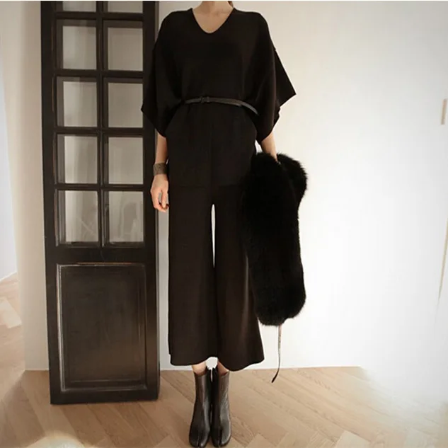 Women's suit female  spring and autumn new V-neck bat sleeve knit loose shirt + wool wide leg slim pants knit suit women plus size sweat suits Women's Sets