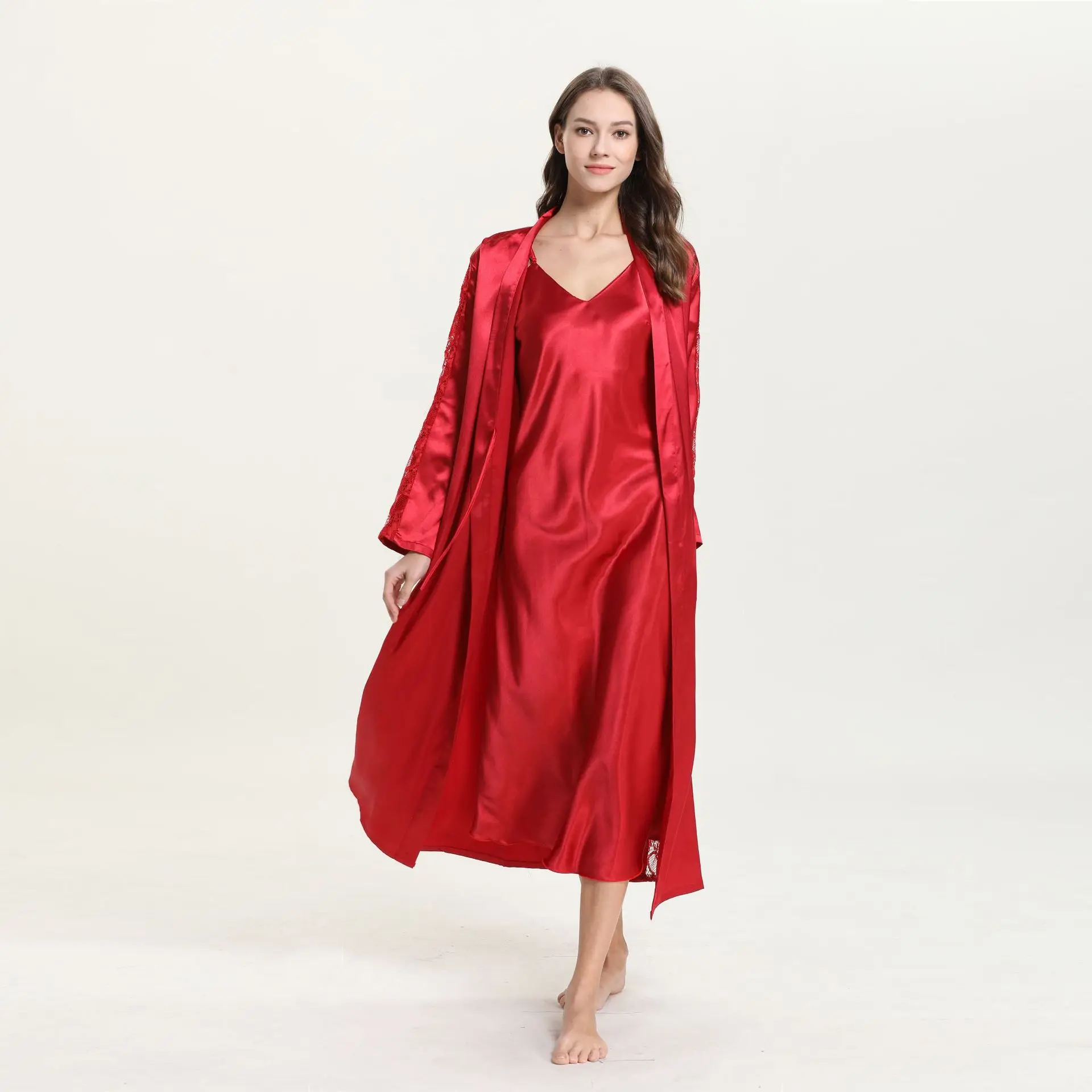 QWEEK 2019 красный набор женских халатов сексуальное платье с v-образным воротом, платье из атласа пижамы шелковая ночная рубашка длинное