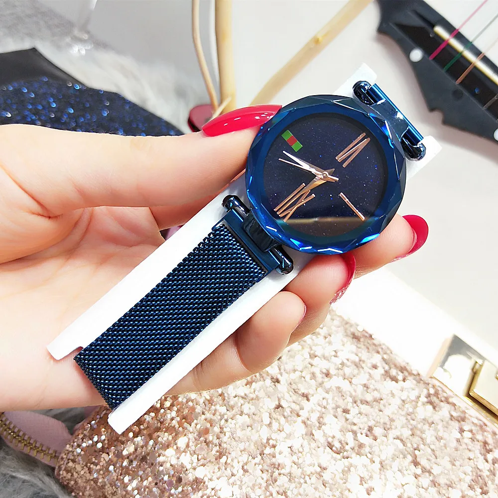 Moon Stars Design Women Wrist Watch Romantic Starry Sky Dial Japanese Watch Movement Starry Design Waterproof Plated Flat Round