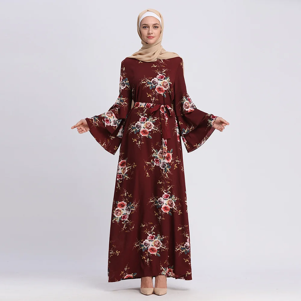 Abayas женская мусульманская одежда с цветочным принтом модные бандажные платья Хиджаб Макси мусульманское платье Бангладеш Кафтан Дубай, Турция Халат