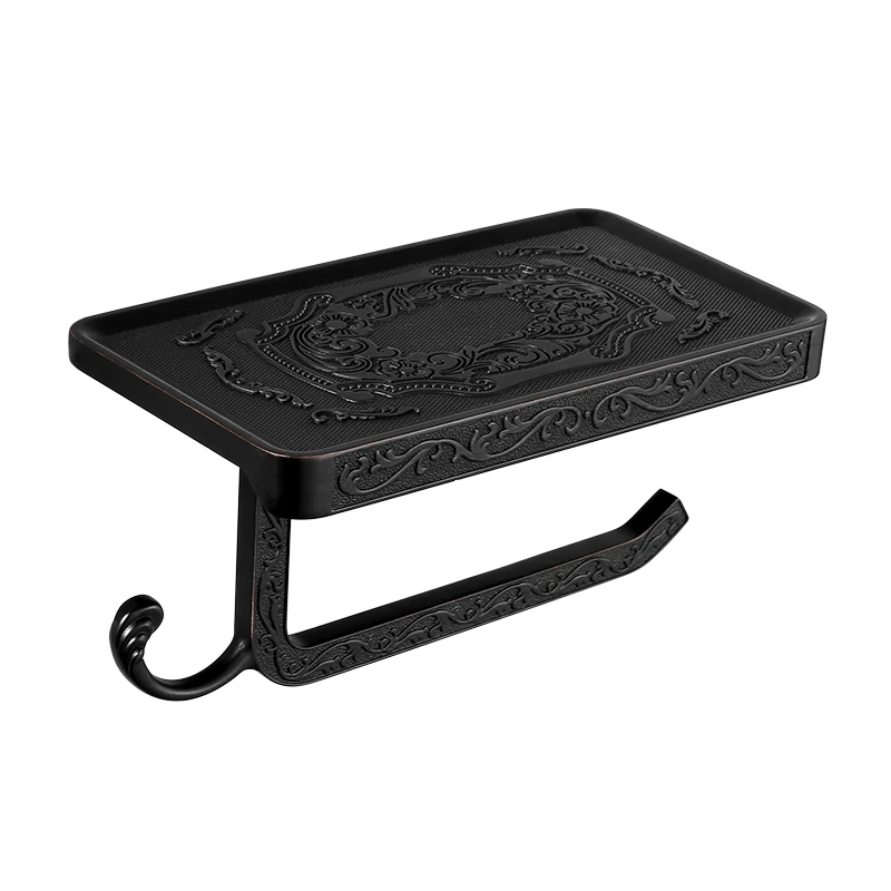

European Style Black Toilet Paper Holder Rack Carved Wall Mounted Zinc Black Roll Shelf With Mobile Phone Holder