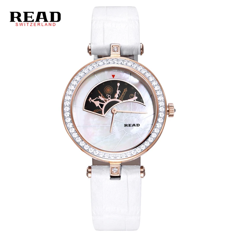 READ new fashion wrist white strap for leather watch women rose gold quartz watches Little girl and mother dance pattern 6062