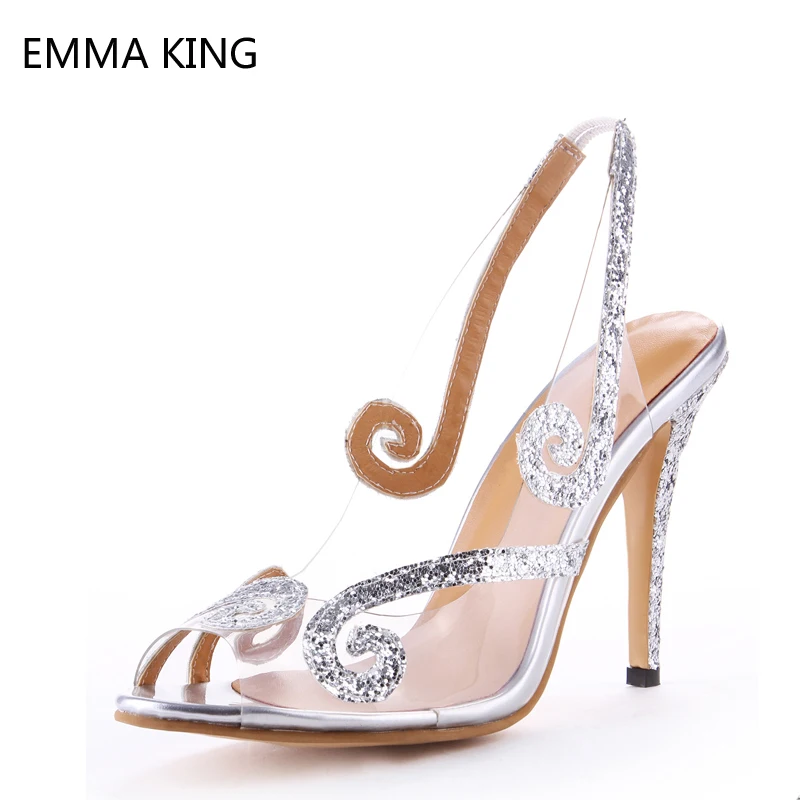 

Glitter Women Wedding Shoes Summer Clear PVC Sandals Crystal Peep Toe Slingbacks Dress Shoes Rhinestone Thin High Heels Female