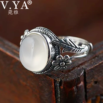 

V.YA 100% 925 Sterling Silver Rings Vintage Chalcedony Flower Open Rings for Women Mother Lover Gift Retro Fashion Jewelry