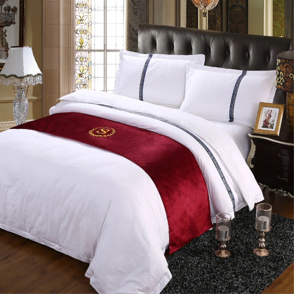 RAYUAN Suede Embroidery S Sign Double Layer Bed Runner Scarf Bedspread Bed Cover Hotel Bedding Decor Single Queen King Size