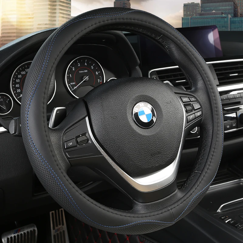 

KKYSYELVA Car Steering Wheel Cover Auto Steering-Wheel Black Leather 38cm Wheel Covers Interior Accessories