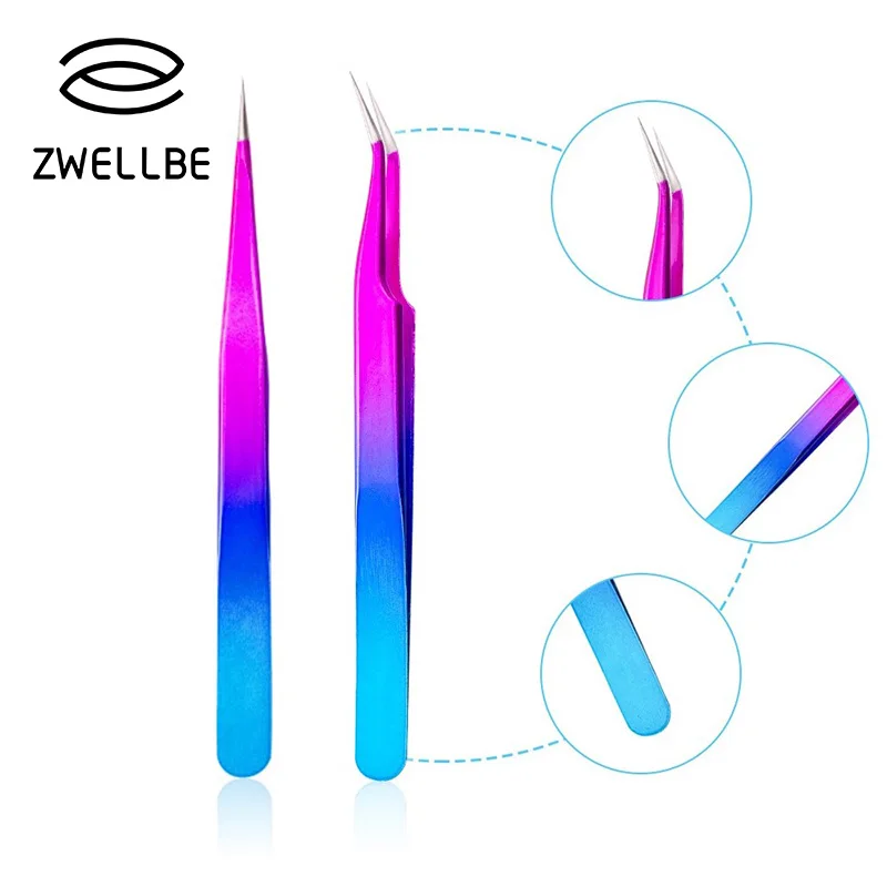 

New Eyelash Tweezers Rainbow Color Anti-static Curved Straight Tweezers Precision Stainless Steel Eye Lash Extension Tweezers