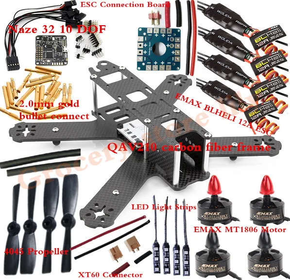 DIY QAV210 Carbon Fiber Frame Kit&Naze 32 10 DOF+EMAX MT1806 Motor+BLHELI 12A ESC+4045 Propeller For FPV Quadcopter