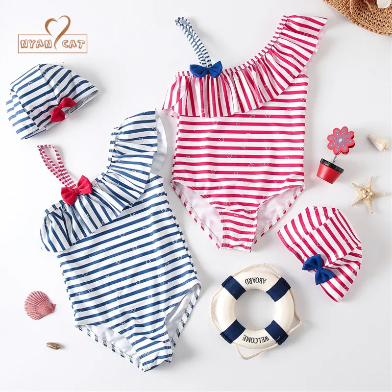 New summer Girl swimwear+hat set 2colors navy style swimming suit