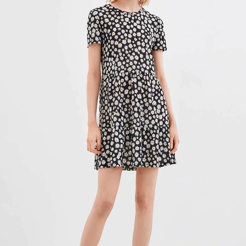 

2019 Women European Style Hot Sun Floral Print Mini Dress Summer Short Sleeve Lady Chic Beach A-line Jurken Dresses dames kled