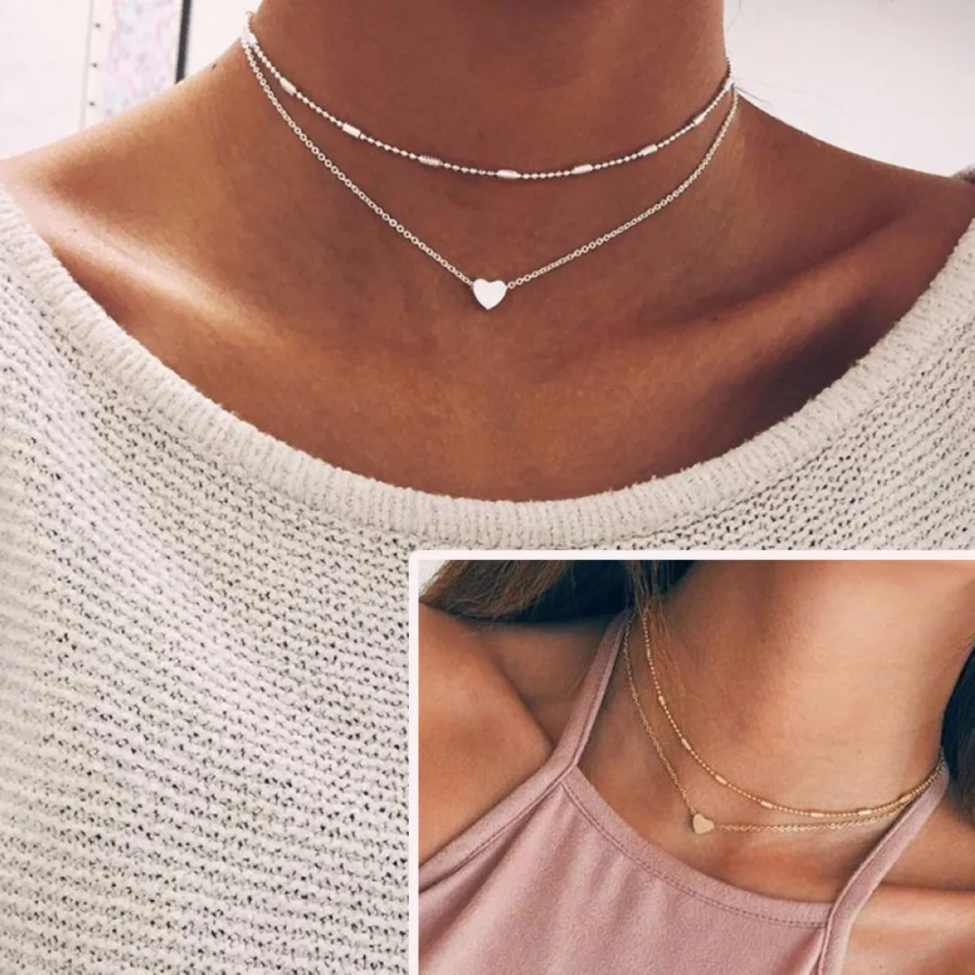 

Vintage Chain Choker Statement Bib Necklace Shellhard Silver Color Double Layers Heart Pendant Neckalces Fashion Jewelry Bijoux