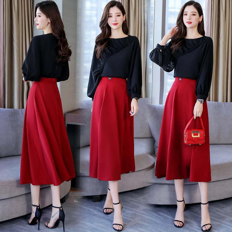 

2019 new Women Spring Two Piece Set autumn Street long sleeve shirt Tops and skirt Set Suits fashion 2pcs