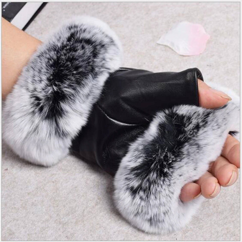 Зимние модные перчатки с натуральным кроличьим мехом теплые перчатки без пальцев женские из натуральной овчины кожаные перчатки варежки G#2