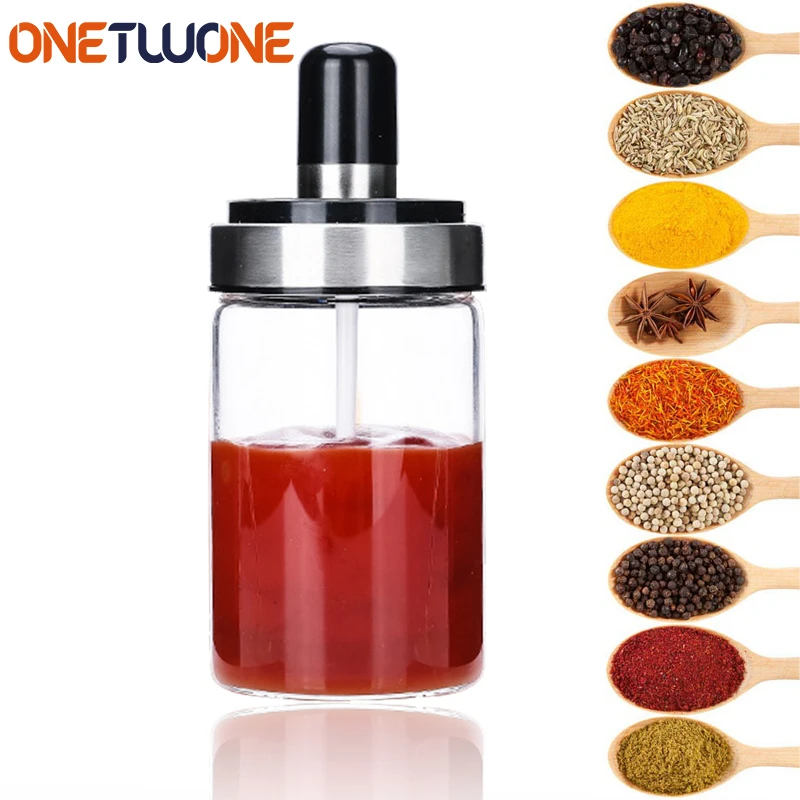 

2Pcs Spice Seasoning Container with Spoon, Stainless Steel Salt Shaker Pepper Jars Condiment Cruet with Cover