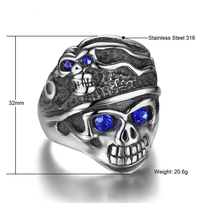 Stainless Steel Skull Christmas Party Gifts Big Rings For Women Men Blue Crystal Punk Ring Drop Shipping