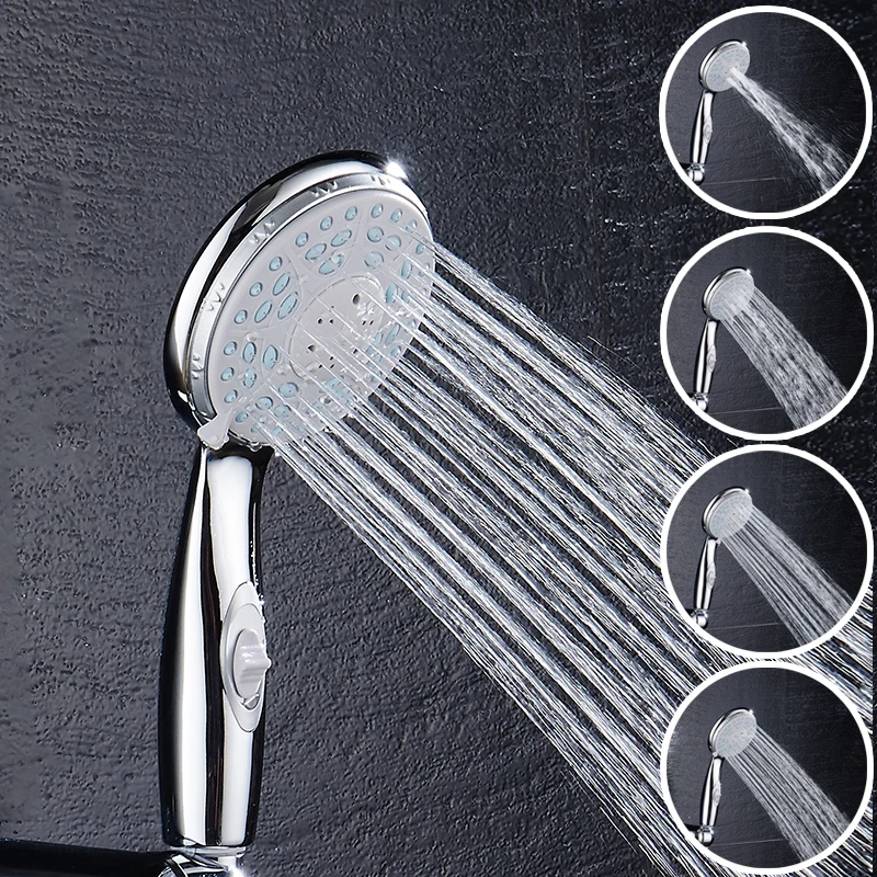 Water Saving Shower head Four Fuction With switch Pressure Boost Silica Gel chrome Holes hand shower Rainfall Round | Обустройство