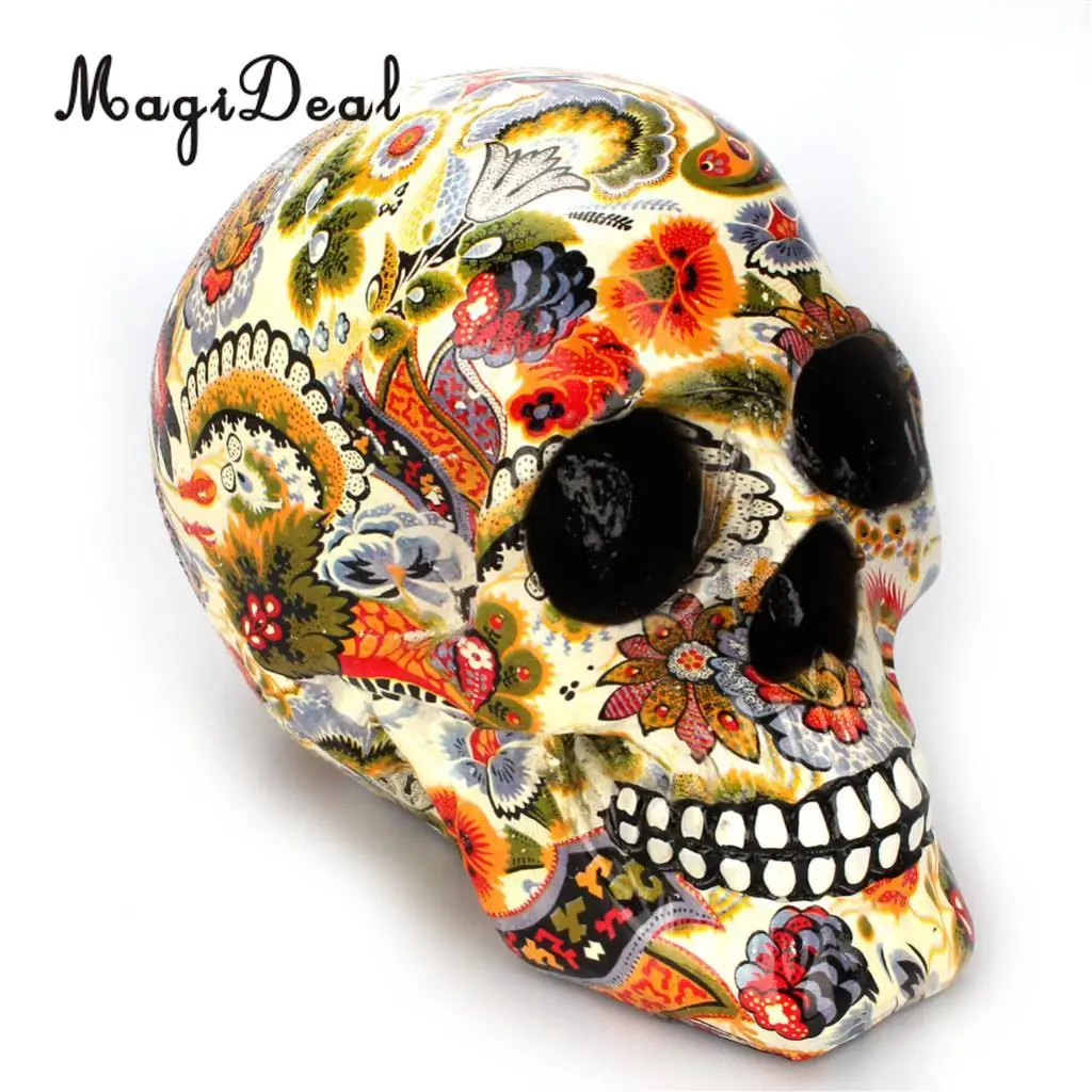 Resin Skull Model Ornament Home Decoration Flower Pattern Water Transfer Printing Souvenir for Halloween and Christmas