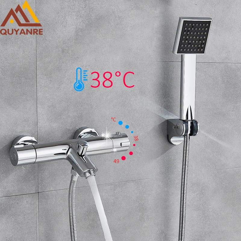 

Quyanre Chrome Shower Faucets Thermostatic Shower Thermostatic Mixing Valve Bathroom Faucet with Handshower Bath Mixer Faucet