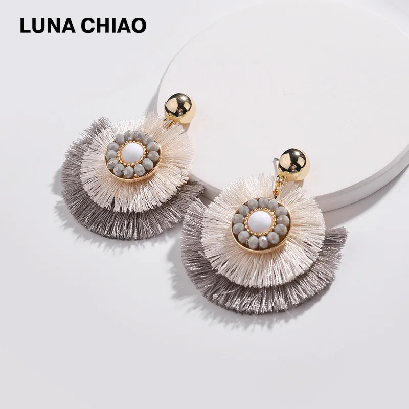 Женские двухслойные серьги LUNA CHIAO сверкающие металлические с кисточками и