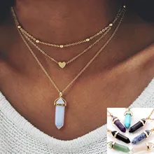 Фотография Fashion Boho Bohemia Hexagonal Column Crystal Opal Nature Stone Gold Necklace for Women Beach Choker Jewelry