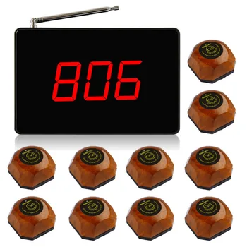 

SINGCALL Calling System, wireless vibrating restaurant call button system,1 pc black host ,10 wood pagers with single button.