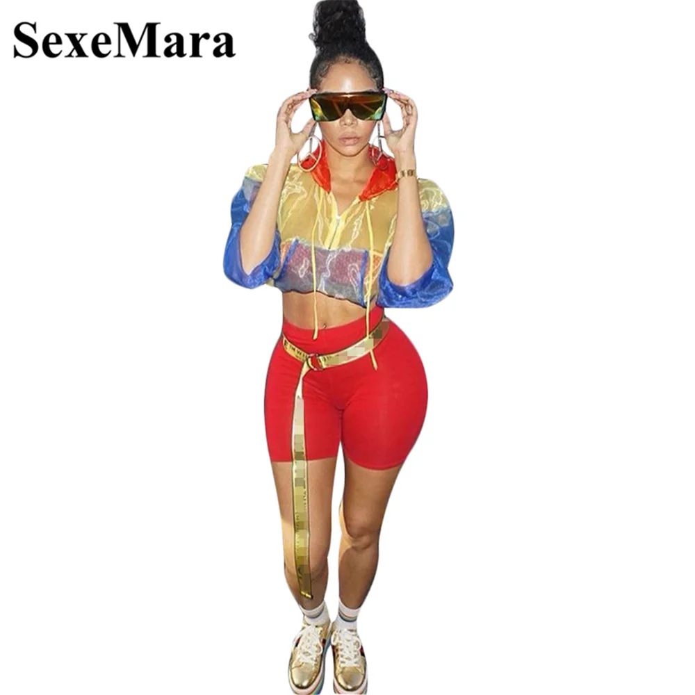 

ANJAMANOR Two 2 Piece Set Outfits for Women Sexy Mesh Crop Top Hoodie and Biker Shorts Autumn 2019 Tracksuit Streetwear D43-AA91
