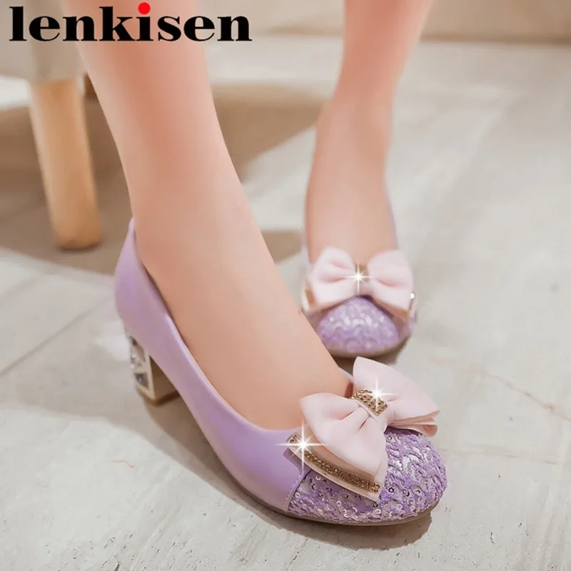 

Lenkisen 2018 new PU round toe high heel strange style crystal slip on wedding summer sweet office lady shallow women pumps l18