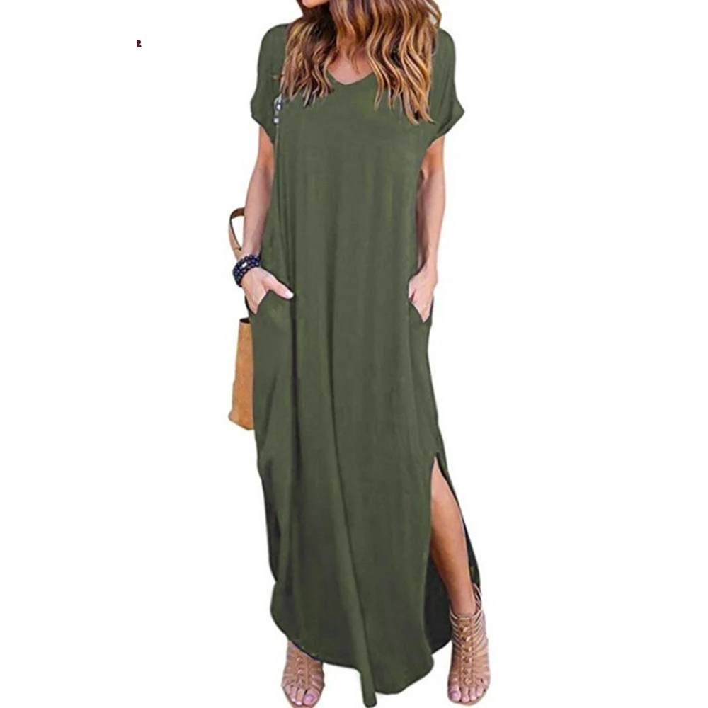 Женское свободное летнее пляжное длинное платье с короткими рукавами в пол G3