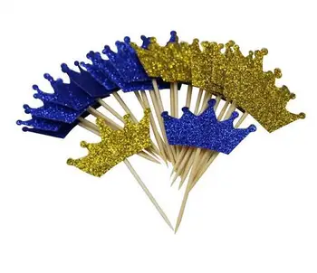 

glitter Gold Blue Prince Crown gender reveal BOYS birthday cupcake toppers baptism Christening party decorationtoothpicks