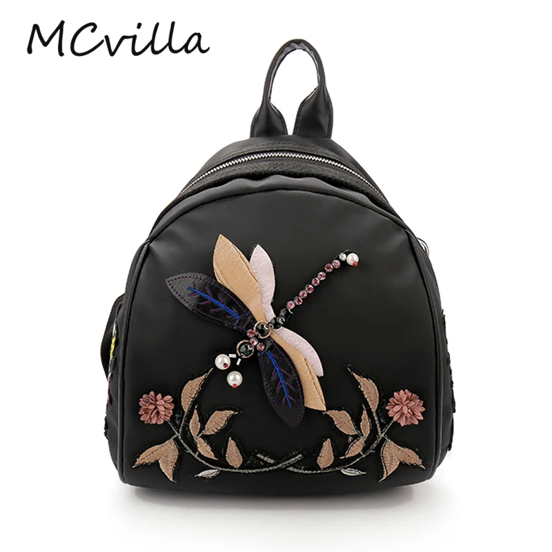 

2018 Fashion New Handmade Embroidery Dragonfly Lady Backpack Designer 3D Diamond Shoulder Bag Retro Female Bag Rucksack
