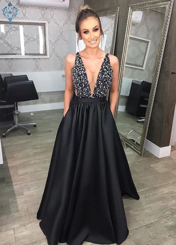 

Ameision Sexy Black Dresses Evening Women 2019 Formal Prom Long Banquet V-Neck Sequined A-Line Lady Club Evening Party Gowns