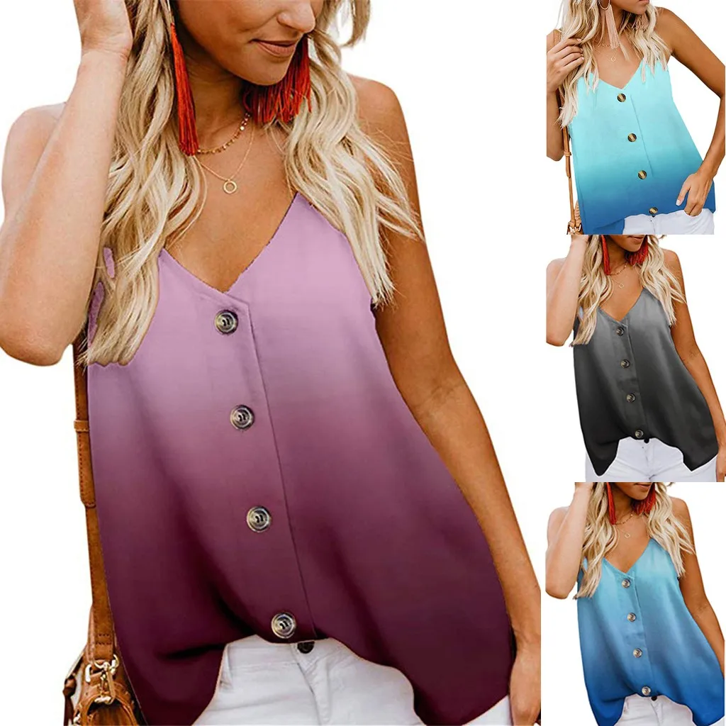 

Women's Button Down V Neck Strappy Print Camis Loose Casual Sleeveless Shirts майка женская women haut femme #50