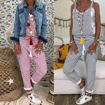 

Women Rompers Bodysuits Spring Summer Fashion Sleeveless Sexy Striped Simple Beach Long Jumpsuits Holiday Harem Overalls